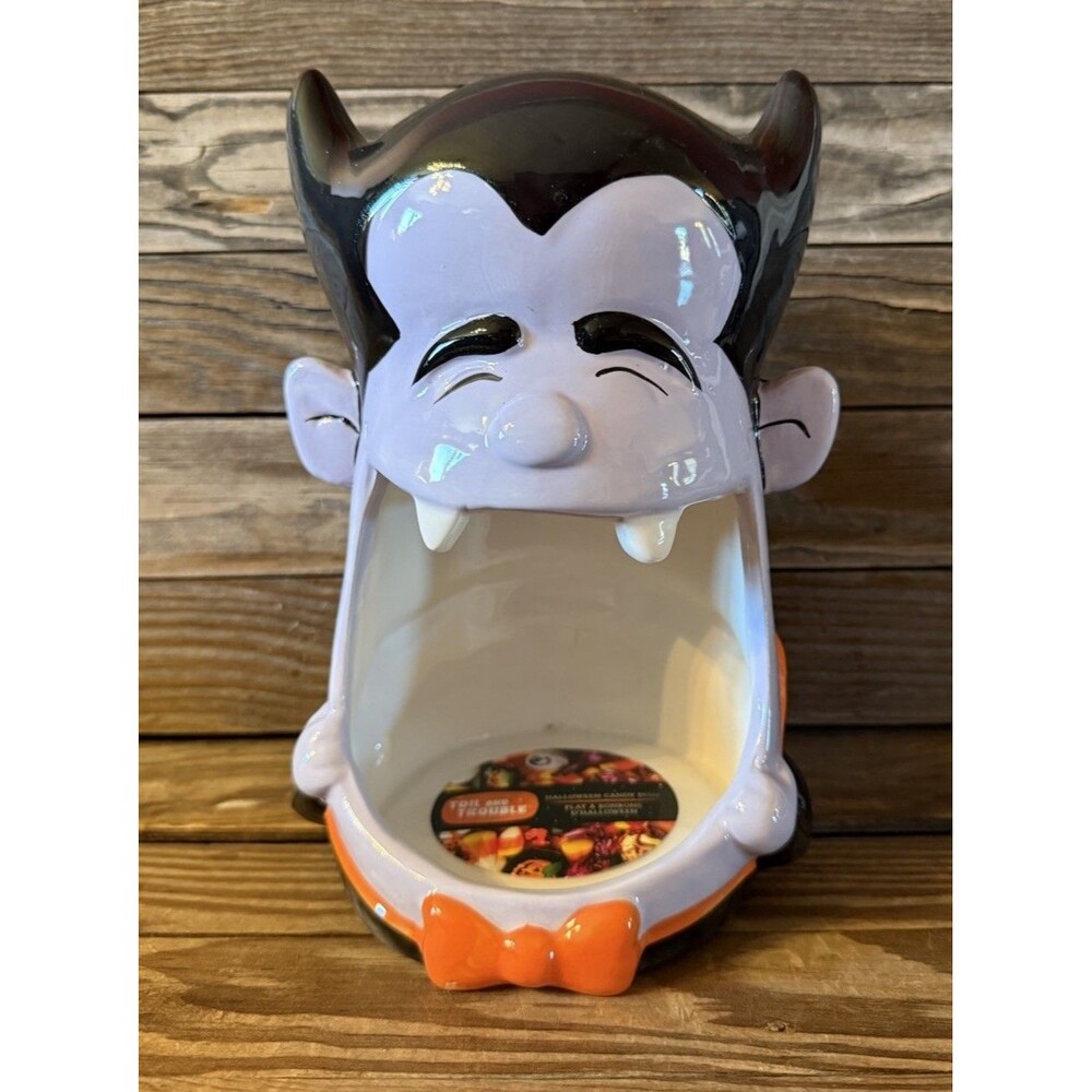Count Dracula Halloween Ceramic Candy Dish Open Mouth Happy 2 Teeth New